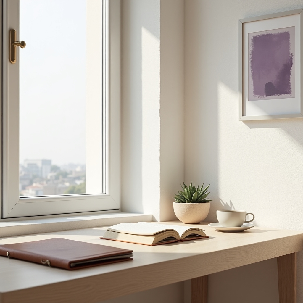 Heller Arbeitsraum mit Holztisch und Notizbüchern, ruhige professionelle Atmosphäre