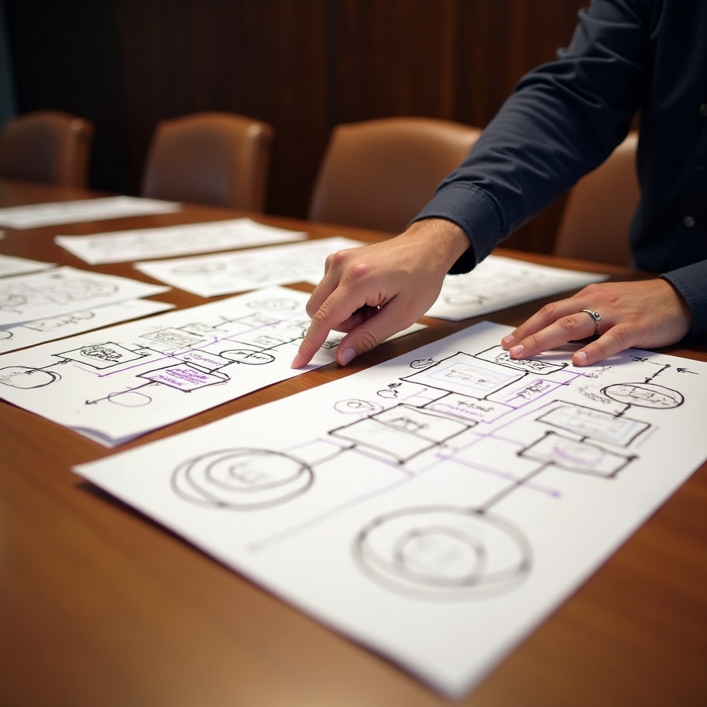 Diagramm und Notizen zur Analyse beruflicher Muster und Energieflüsse